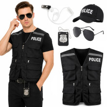 Set Adults 5 PCS with Black Vest Policeman Hat Police Badge