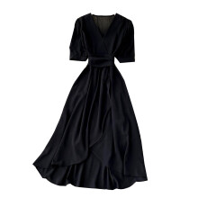 (Black) Womens Wrap V Neck Dresses Short Puff Sleeve A-Line Dress for Outdoor Office Performances Masquerade
