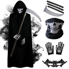 5 Pcs Grim Reaper Costume, Halloween Costume Set with Black Cloak,