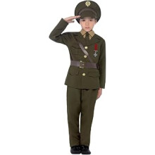 Army Officer Costume, Green with Jacket, Belt, Trousers, Hat, Mock Shirt & Tie, Boys Fancy Dress, 1940s Dress Up Costumes