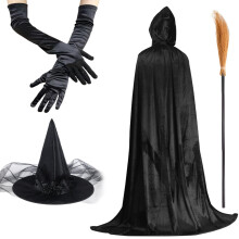 Halloween Witch Costume for Women, Black Velvet Cape Witch Cape Witch Hat Satin Gloves Broom Fancy Dress Accessory for Halloween Party Cosplay