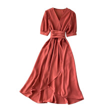 (Watermelon Red) Womens Wrap V Neck Dresses Short Puff Sleeve A-Line Dress for Outdoor Office Performances Masquerade