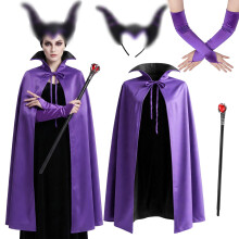 Queen Costume for Women Gothic Witch Cape Purple Cloack Horns Cane Gloves Halloween Cosplay Party Dress Up