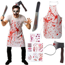 4pc Butcher Halloween Costume Men with Apron, Fake Knife Prop, Fake