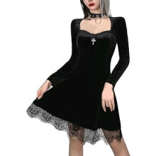 Steampunk Velvet Lace Dress Women Halloween Gothic Mini Dresses | Long Sleeve Square Neck Wedding Guest Vintage Party Dress