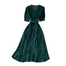 (Green) Womens Wrap V Neck Dresses Short Puff Sleeve A-Line Dress for Outdoor Office Performances Masquerade