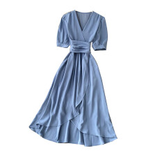 (Blue) Womens Wrap V Neck Dresses Short Puff Sleeve A-Line Dress for Outdoor Office Performances Masquerade