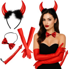 Costume 4-Piece Set, Devil Horns Headband with Bow Tie, Tail and Gloves, Women’s Halloween Accessories for Parties, Carnival and Stage Performances