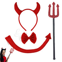 Devil Horns and Fork Costume Set, Devil Horns Headband, Tail, Bow Tie, Adult Unisex Halloween Costume Party Headwear (Red)