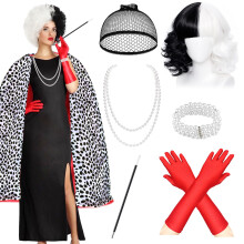 7 Pcs Cruella Costume Accessories Set, Cruella Fancy Dress Kit with Cape Gloves Wig for World Book Day