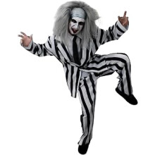 Crazy Ghost Halloween Costume Black & White Striped Suit, Black Tie, Grey Wig, Facepaint Mens 80s TV Film Icon Halloween Fancy Dress Costume