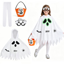 4PCS Ghost Costume,Halloween Ghost Costume, Ghost Face Hooded Cloak with Candy Bag Skeleton Glasses and Socks