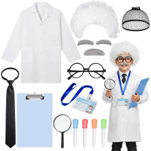 Scientist Costume Kids Set, White Lab Coat with Wig Glasses ID Card