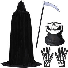 4 PCS Grim Reaper Costume Black Cloak, Robe with Hood Carnival Adult Cosplay Party Outfit