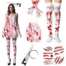 Zombie Costume Set, Halloween Scary Dress Up with Apron Stockings