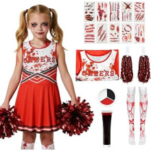 Cheerleader Costume Girls Women, Halloween Cheerleader Costume Set with Pom Poms Tattoo Socks for Halloween Fancy Dress
