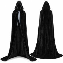 170 cm Black Hooded Cloak, Full-Length Unisex Costume Velvet Black