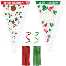 100pcs Christmas Sweet Cone Bags, 13x25cm Triangle Candy Bags for