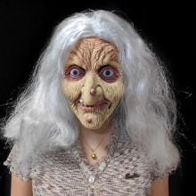 Halloween Witch Mask with White Hair, Latex Costume Accessory, Creepy Old Character Design