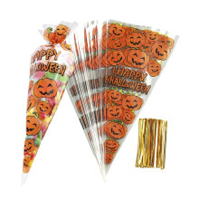 100Pcs Pumpkin Cone Bag Halloween Clear Cellophane Treat Bags, Party Favor Bags with Gold Twist Ties for Candy Cookies