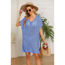 (One Size, Blue) Simple Pure-Color V-neck Loose Blouse Dress Comfortable Breathable Dress for Shopping Dating