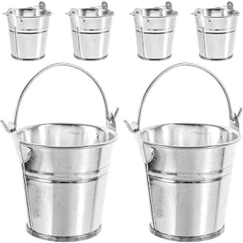 6pcs Miniature Gardening Buckets with Handles, Small Silver Iron