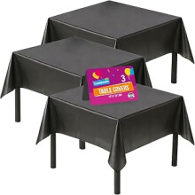 3pk Black Square Table Cloths 121 x 121cm Disposable Party Covers | Heavy duty opaque plastic, for weddings, buffets and outdoor events