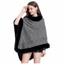 Loose Pullover Wrap Shawl with Faux Fur Trimming Plaid Blanket for Lady