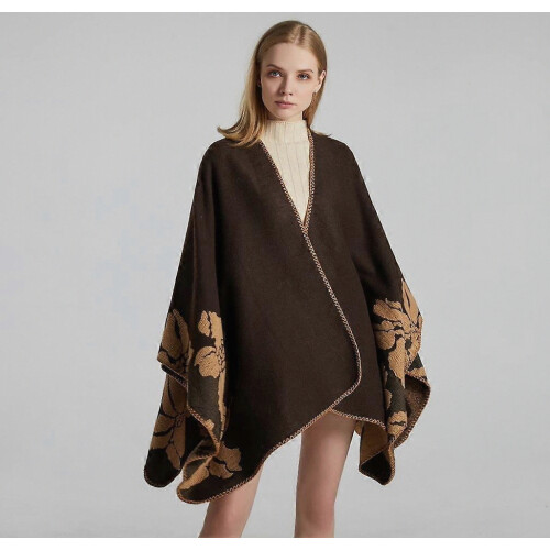 Dual Sided Flowered Pashmina Shawl Wrap Thicken Warm Poncho Open Front Cape for Lady 1