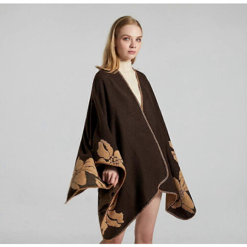 Dual Sided Flowered Pashmina Shawl Wrap Thicken Warm Poncho Open Front Cape for Lady 2