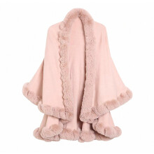 Dual Layer Shawls with Handcraft Faux Fur Trimming Elegant Cardigan Cape for Lady Pink