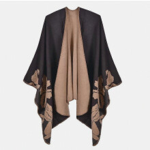 Dual Sided Flowered Pashmina Shawl Wrap Thicken Warm Poncho Open Front Cape for Lady