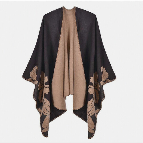 Dual Sided Flowered Pashmina Shawl Wrap Thicken Warm Poncho Open Front Cape for Lady