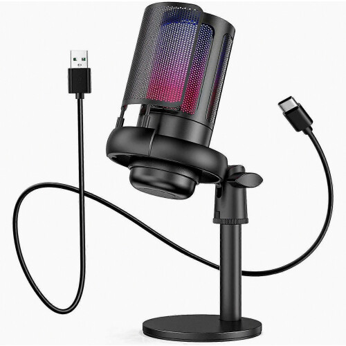 Microfono da gioco RGB con supporto a treppiede, microfono USB per PC ideale per podcast, video e streaming, microfono a