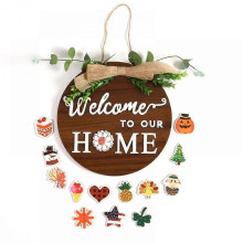 Interchangeable Seasonal Welcome Sign Front Door Decoration, Rustic Round Wood Wreaths Wall Hanging Outdoor, Farmhouse, Porch, for Spring Summer Fall