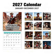 (2pcs) 12 Months 2027 Western Cowboy Chihuahua Wall Calendar, Funny Wild West Themed Art Calendar, Hanging Monthly Planner for Home Office Decor