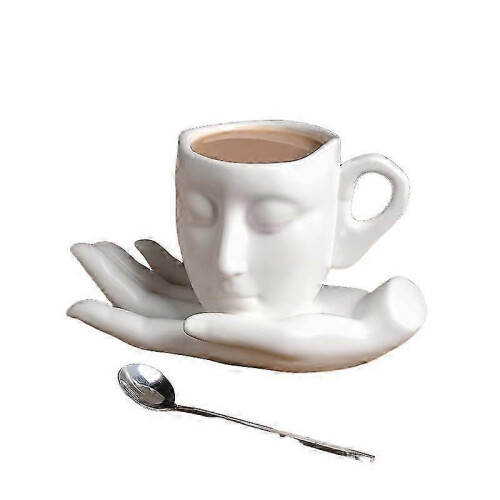 (A) Aesthetic Art Ceramic Mug, Abstract Human Face Design with Hand Stand