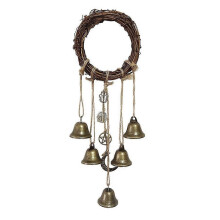 (B) Witch Bell for Door Protection Handmade Hanging Brass Rattan Wreath Iron Star Decor