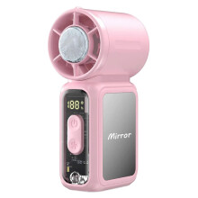 (Pink) Portable Handheld Fan with Cooling Pad & Built-in Mirror - USB Rechargeable Mini Fan for Makeup, Travel, & Outdoor Activities