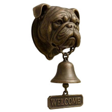 (Design 6) Antique Bronze Finish Resins Dog Head Statue Welcome Bells Outdoor Wall Hanging Home Entryway Decors Dog Owner Gift Multicolor