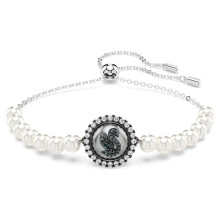 White Pearl Slider Bracelet Black Crystal Swan Halo Charm Silver Adjustable Women Wrist Jewelry  5680851