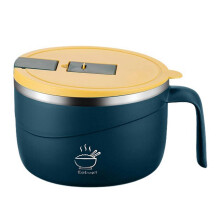 (Blue) Stainless Steel Noodle Bowl with Lid - 1200ml Microwave Safe Instant Noodles Cooker with Strainer for Dormitory & Home