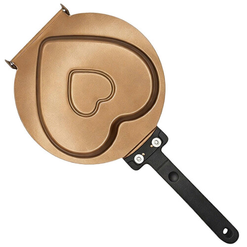 (Golden Love) Double sided pancake pan nonstick Foldable handle saves kitchen space. Small apartment kitchen essential
