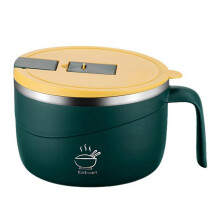 (Green) Stainless Steel Noodle Bowl with Lid - 1200ml Microwave Safe Instant Noodles Cooker with Strainer for Dormitory & Home
