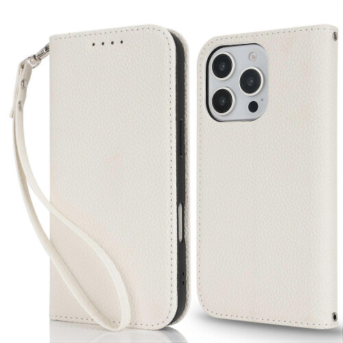 (White) Stand Case for iPhone 16 Pro Litchi Texture Leather Flip Phone Cover with Strap/ Wallet