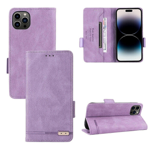 (Purple) For iPhone 14 Pro Max Magnetic Clasp Leather Phone Case