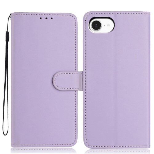 (Purple) For iPhone 16e Wallet Case with Strap/ Multiple Card Slots Solid Color Leather Stand Phone Cover