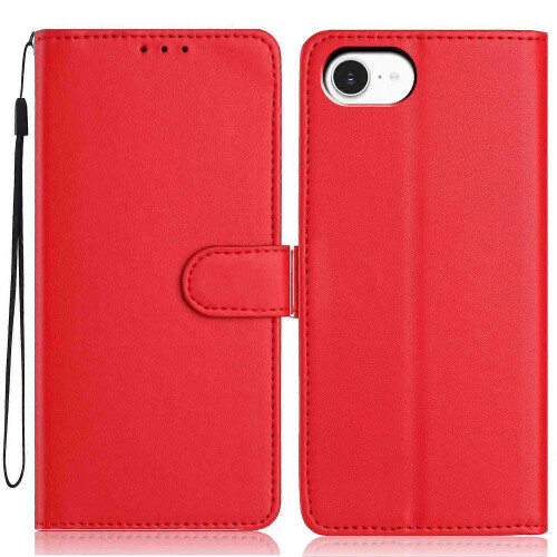 (Red) For iPhone 16e Wallet Case with Strap/ Multiple Card Slots Solid Color Leather Stand Phone Cover