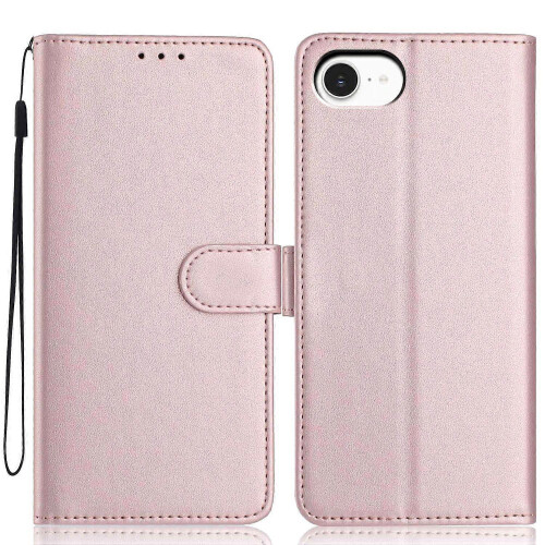 (Rose Gold) For iPhone 16e Wallet Case with Strap/ Multiple Card Slots Solid Color Leather Stand Phone Cover