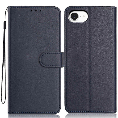 (Blue) For iPhone 16e Wallet Case with Strap/ Multiple Card Slots Solid Color Leather Stand Phone Cover